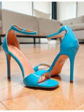 Elegant Blue Patent Leather Stiletto Heels With Ankle Strap & Open Toe For Women